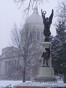 Arkansas capitol and memorial in a snowstorm